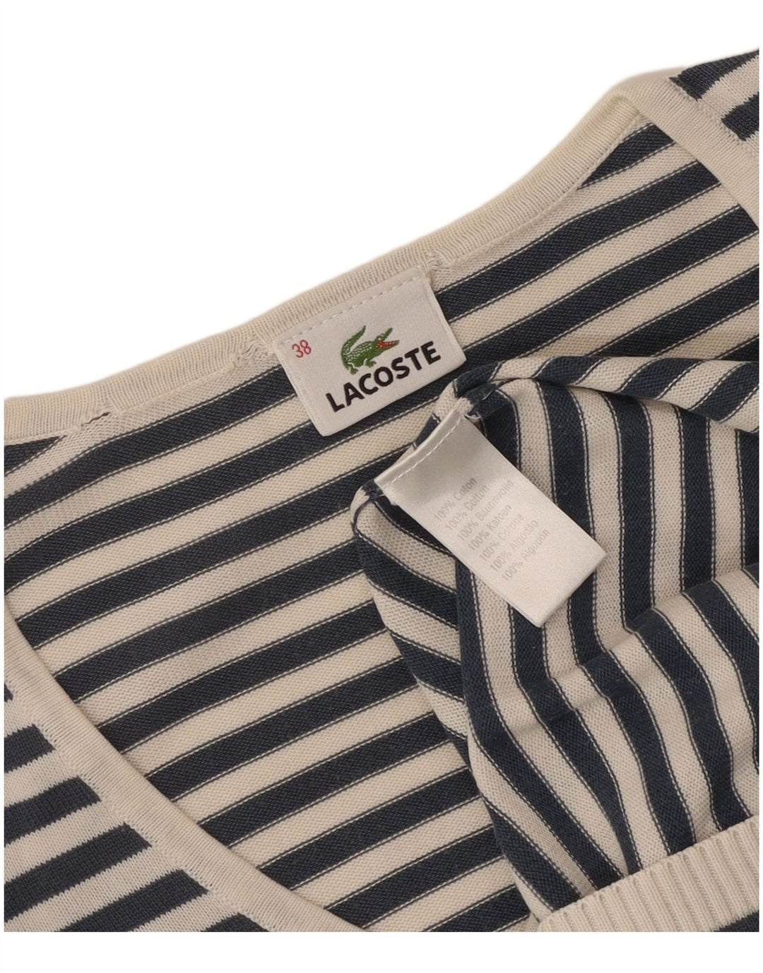 Damski sweter Lacoste z dekoltem w kształcie litery V, rozmiar 38, średni granatowy w paski