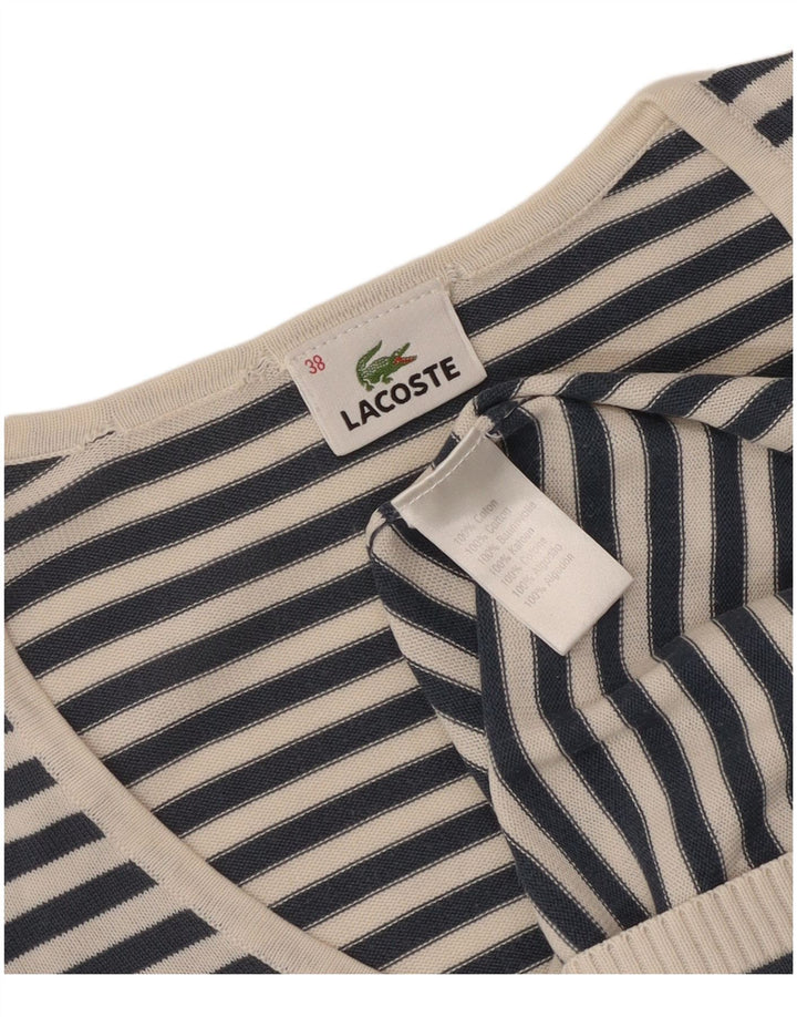 Damski sweter Lacoste z dekoltem w kształcie litery V, rozmiar 38, średni granatowy w paski
