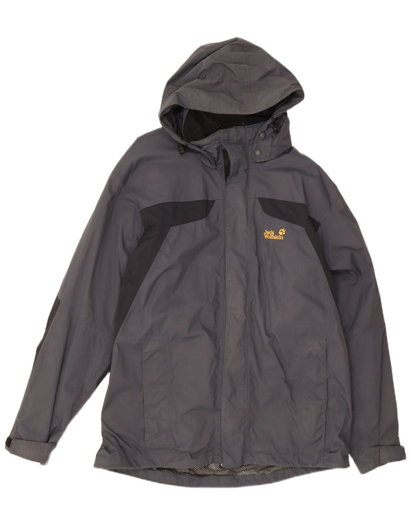 Męska kurtka przeciwdeszczowa Jack Wolfskin z kapturem UK 44 XL Szary poliamid z blokami kolorów