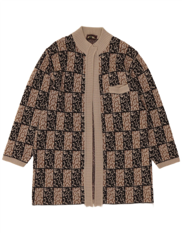 Damski sweter rozpinany o przedłużonym kroju VINTAGE IT 44 Średni brązowy geometryczny