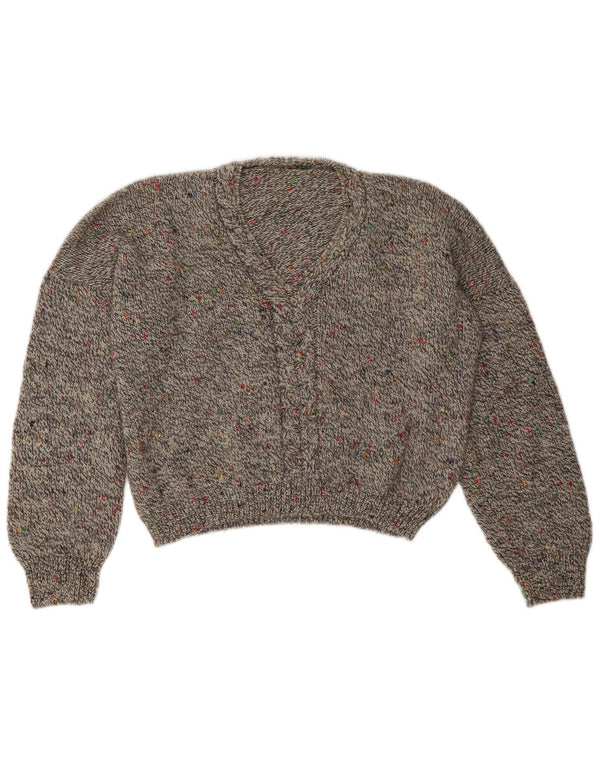 Vintage damski sweter z dekoltem w kształcie litery V, UK 16, duży, szary nakrapiany