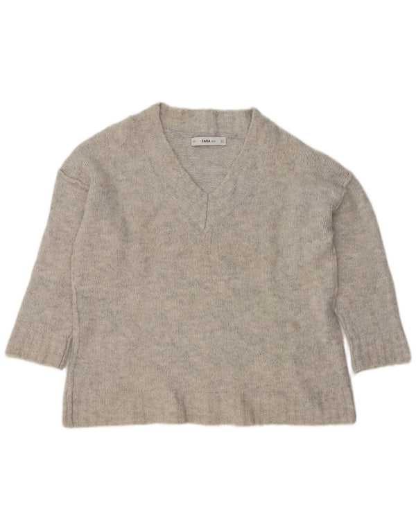 Zara Womens Oversized V-Neck Jumper Sweater UK 10 Small Grey Acrylic
