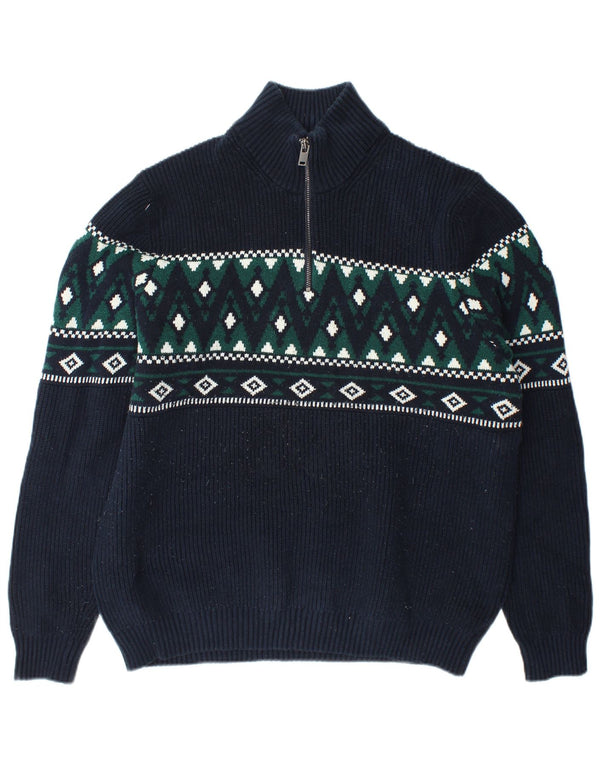 Marks & Spencer Mens Zip Neck Jumper Sweater 2XL Navy Blue Fair Isle