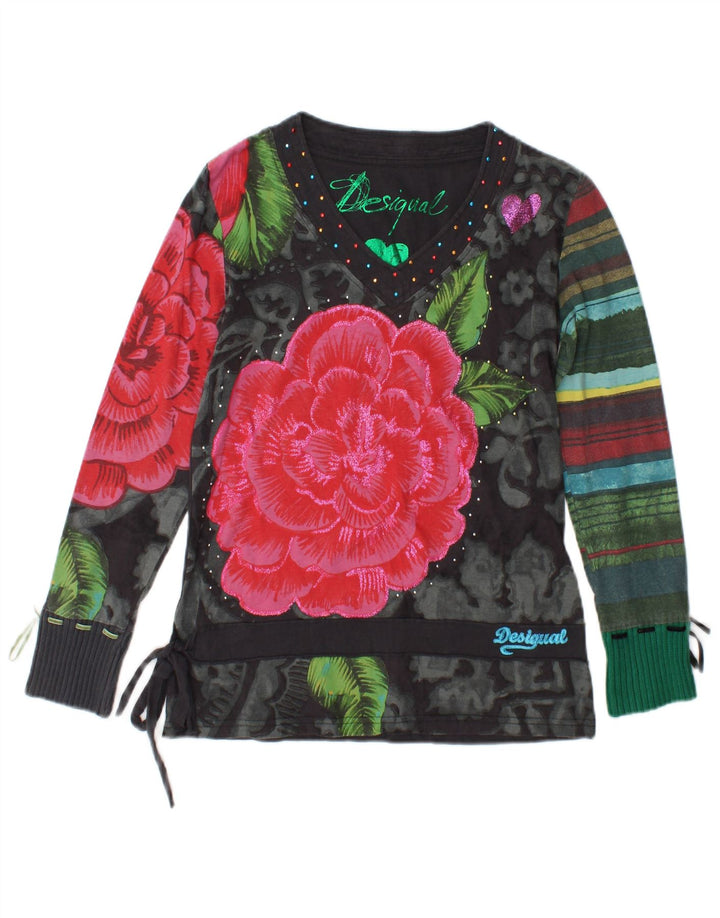Damski graficzny top Desigual z długim rękawem UK 14, średni czarny w kwiaty