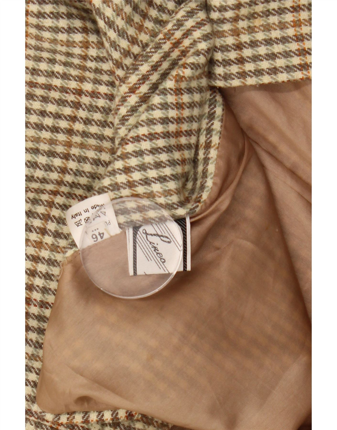 Vintage damska marynarka zapinana na 2 guziki IT 46, duża wełna w kratkę khaki