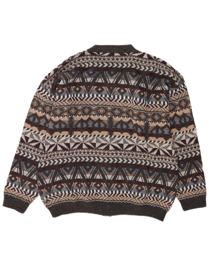 Sweter męski w stylu vintage, średnioszary, geometryczny, wełniany