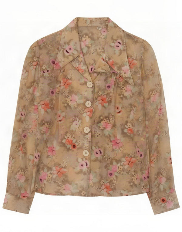Bluzka koszulowa damska z długim rękawem w stylu vintage UK 14 Medium Beige Floral Retro