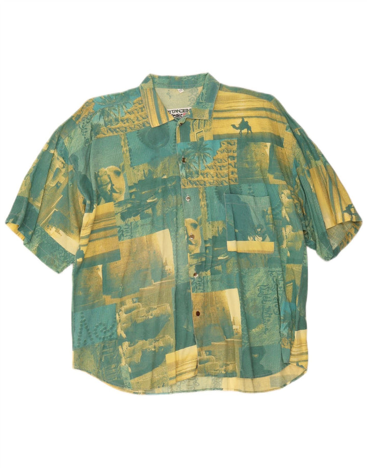 Męska koszula z krótkim rękawem w stylu vintage, 2XL, zielona, patchworkowa, bawełniana
