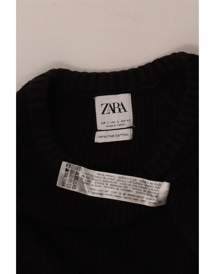 Zara Męski sweter z okrągłym dekoltem, duży, czarny, bawełniany