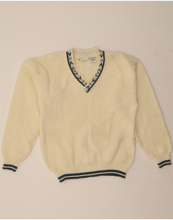 VINTAGE Mens V-Neck Jumper Sweater Medium Off White Acrylic Vintage Vintage and Second-Hand Vintage from Messina Hembry 