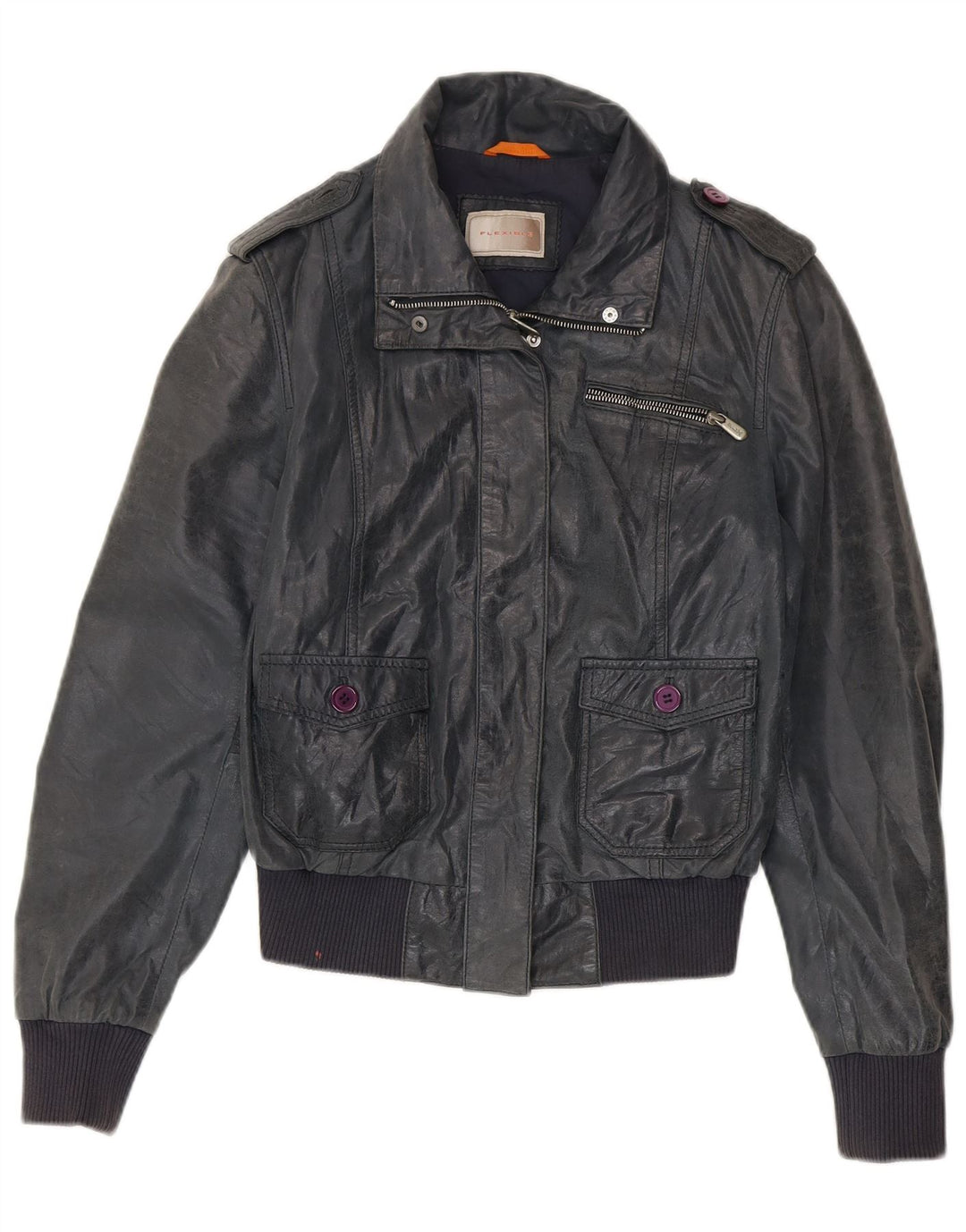 Damska kurtka skórzana typu bomber w stylu vintage IT 46, duża, granatowa, skórzana