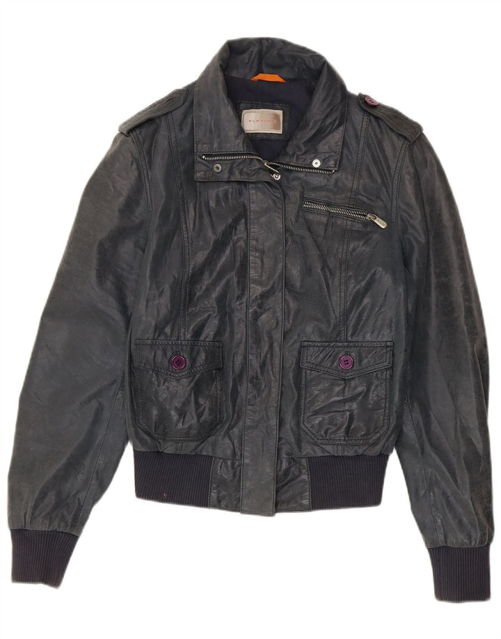 Damska kurtka skórzana typu bomber w stylu vintage IT 46, duża, granatowa, skórzana