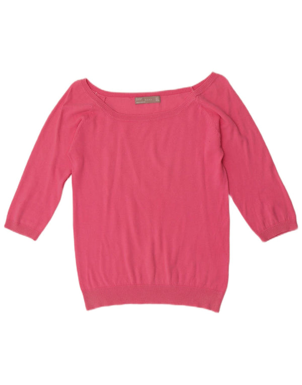 Damski sweter Zara z rękawami 3/4 i dekoltem w łódkę, UK 14, duży, różowy, bawełniany