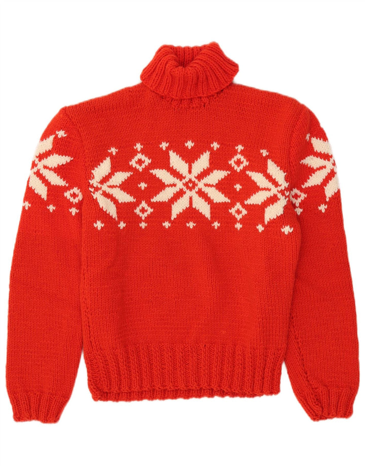 Vintage damski sweter z golfem UK 12 średni czerwony Fair Isle