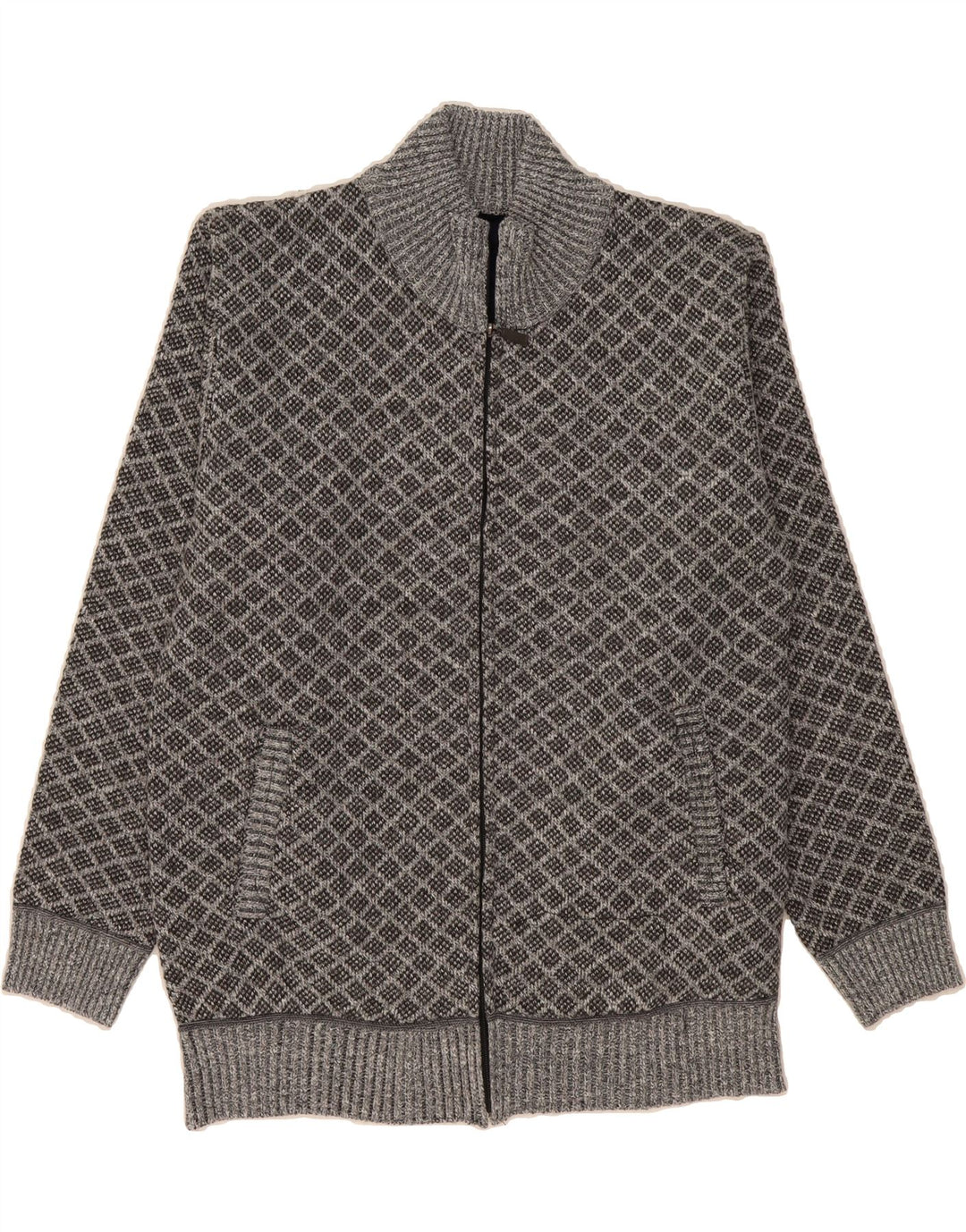 VINTAGE Mens Cardigan Sweater XL Grey Argyle/Diamond Polyester Vintage Vintage and Second-Hand Vintage from Messina Hembry 