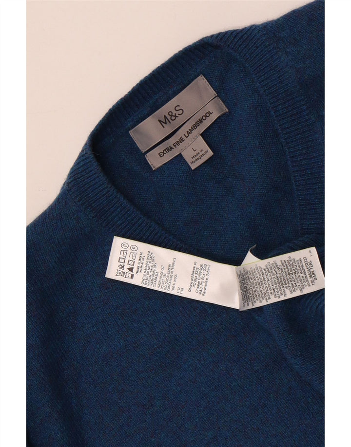 Marks & Spencer Męski sweter z dekoltem w kształcie litery V, duży, niebieski, wełniany w cętki
