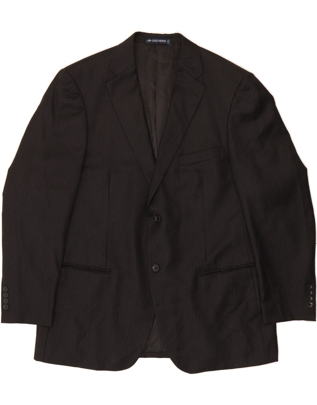 DOCKERS Mens 2 Button Blazer Jacket UK 46 3XL Black Pinstripe Wool Vintage Dockers and Second-Hand Dockers from Messina Hembry 