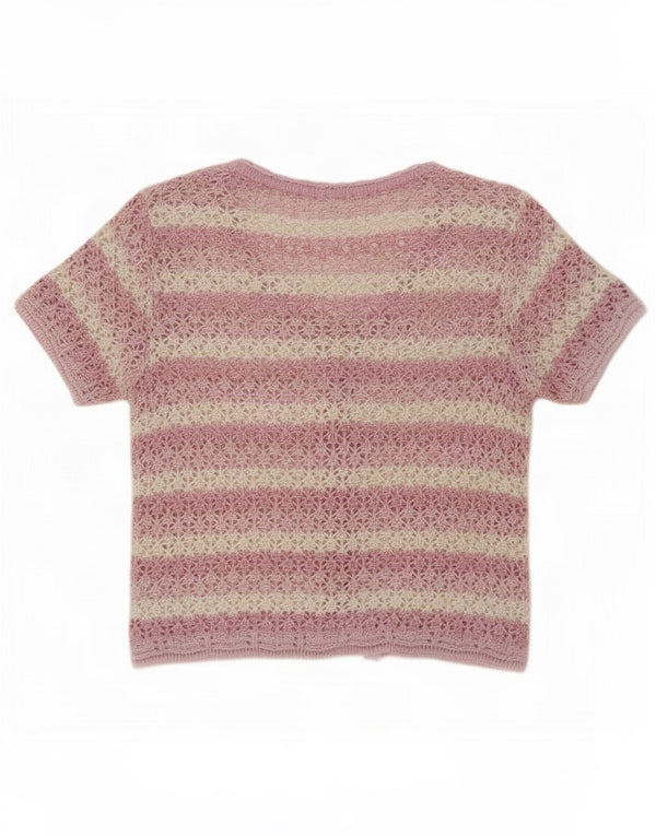 Vintage damski sweter rozpinany z krótkim rękawem UK 14 w średnie różowe paski