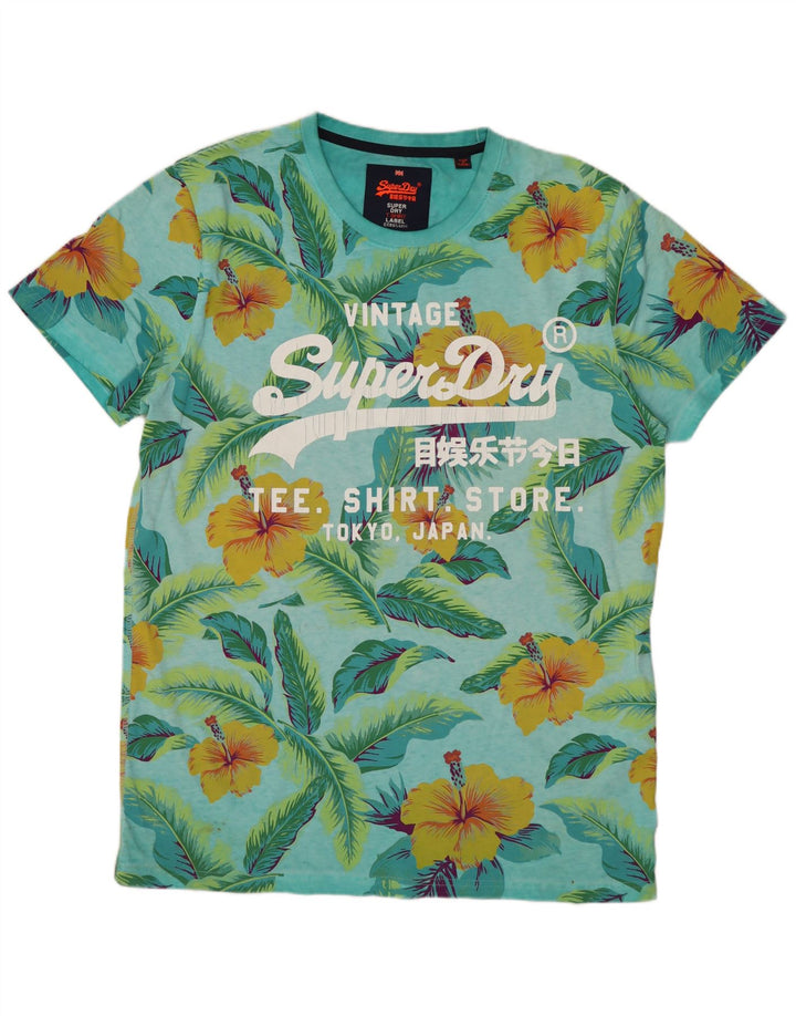 SUPERDRY Męski T-shirt z grafiką, top XL, niebieska bawełna w kwiaty