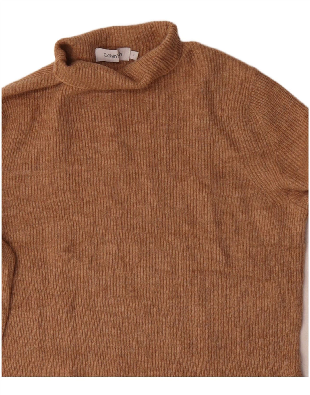 Sweter damski Calvin Klein z wywijanym dekoltem UK 14, duży, beżowy, wełniany