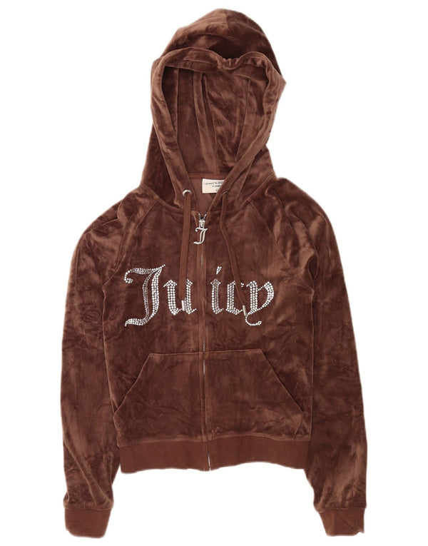 Damski sweter Juicy Couture Crop Graphic, welurowy, zapinany na zamek, UK 6 XS, brązowy