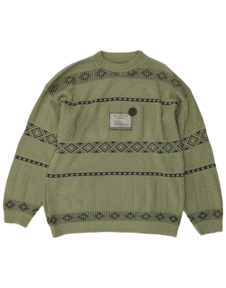 Męski sweter w stylu vintage z graficznym wycięciem pod szyją, średnio zielony, geometryczny