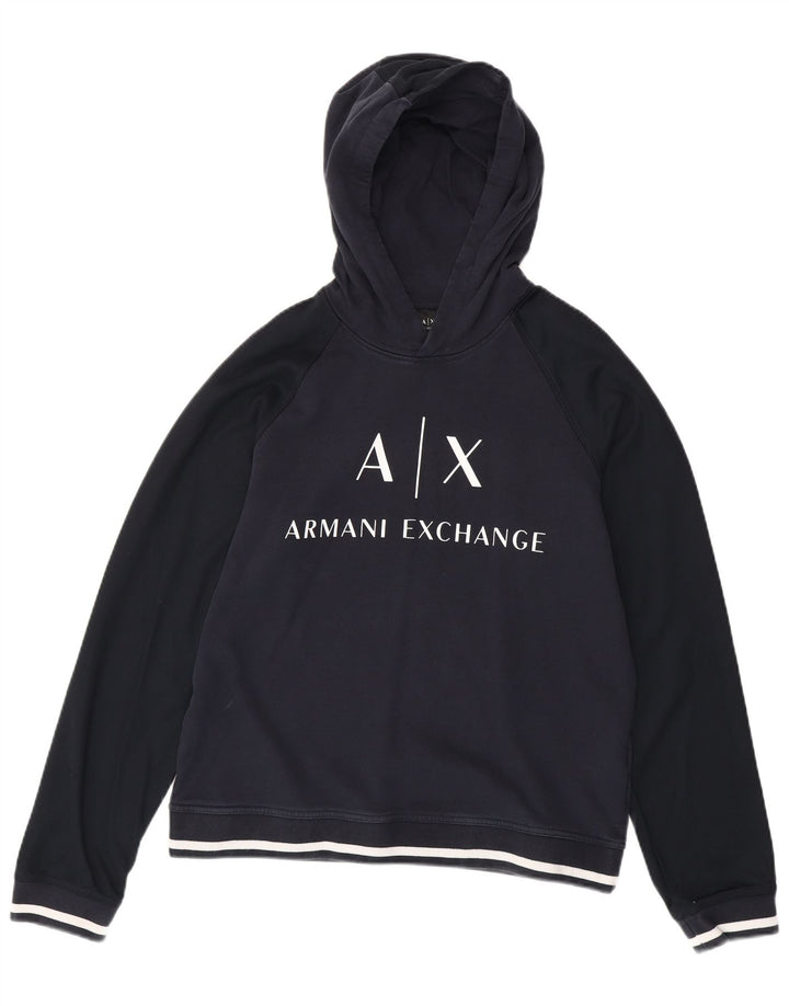 ARMANI EXCHANGE Męski sweter z kapturem i grafiką, duży, granatowy, bawełniany