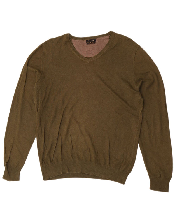 Męski sweter Massimo Dutti z dekoltem w kształcie litery V, średniej wielkości bawełna khaki