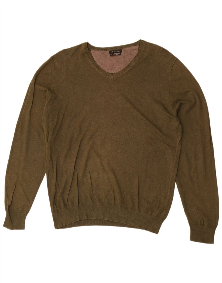 Męski sweter Massimo Dutti z dekoltem w kształcie litery V, średniej wielkości bawełna khaki