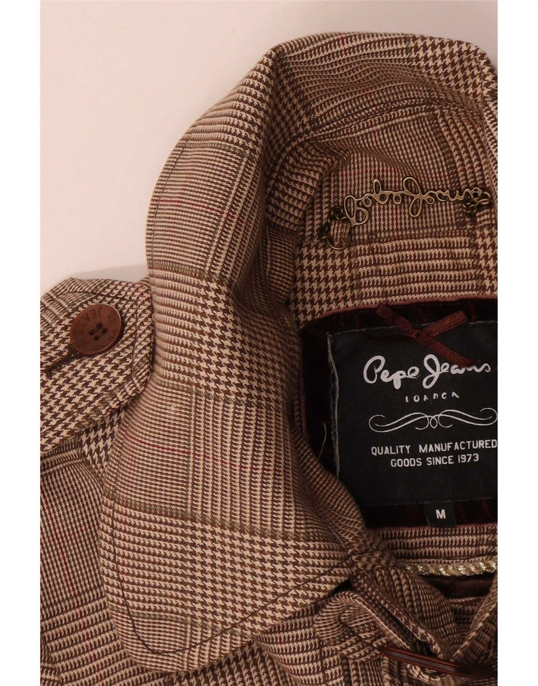 PEPE Jeans Damski płaszcz w groszki z paskiem UK 14 Średni brązowy bawełniany pepitkę