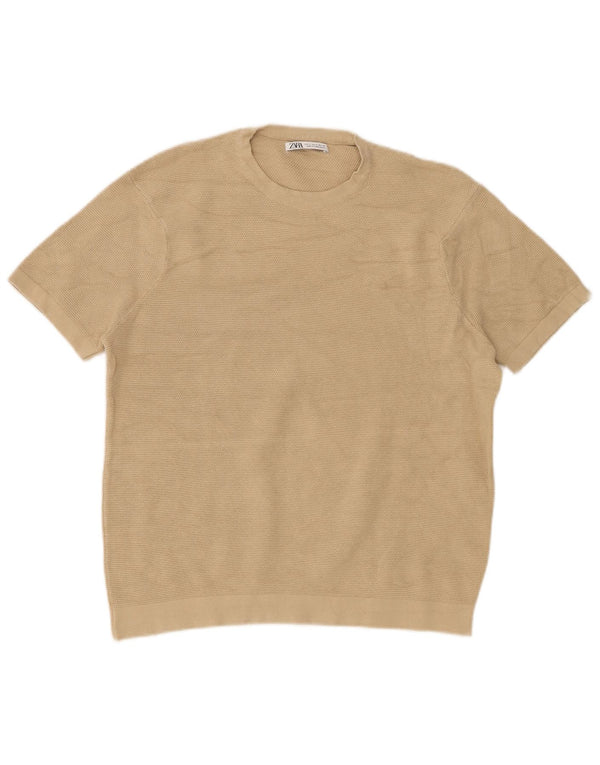 Sweter damski Zara z krótkim rękawem i okrągłym dekoltem UK 10, mały, beżowy, bawełniany