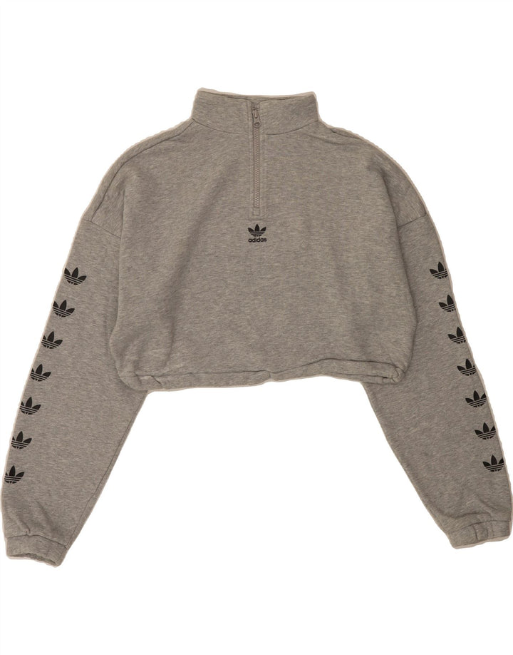 ADIDAS Womens Oversized Graphic Crop Sweatshirt Jumper UK 10 Small Grey Vintage Adidas and Second-Hand Adidas from Messina Hembry 