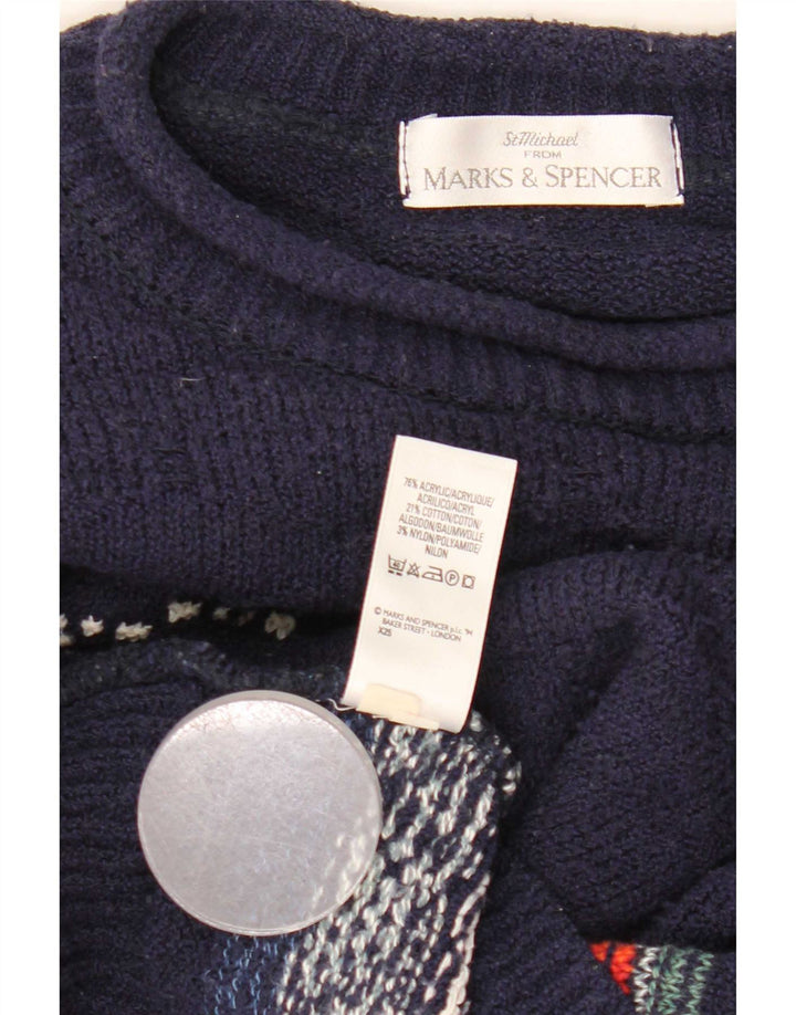 Marks & Spencer Męski sweter z okrągłym dekoltem, duży, granatowy Fair Isle