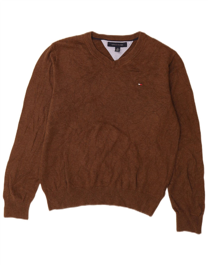Męski sweter Tommy Hilfiger z dekoltem w kształcie litery V, średniobrązowy, bawełniany