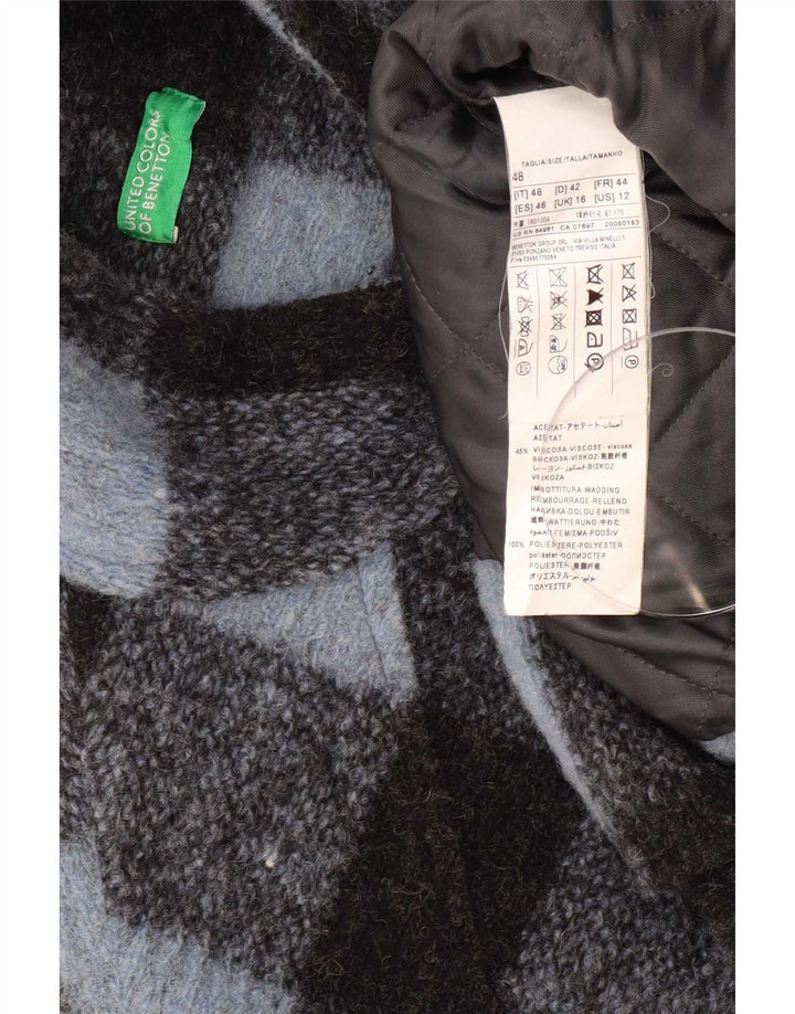 Damski płaszcz oversize Benetton UK 16, duży, niebieski, wełniany w kratkę