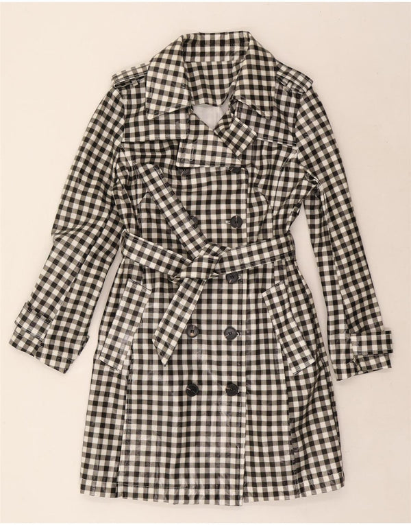 Vintage damski trencz UK 12, średni czarny materiał w kratkę