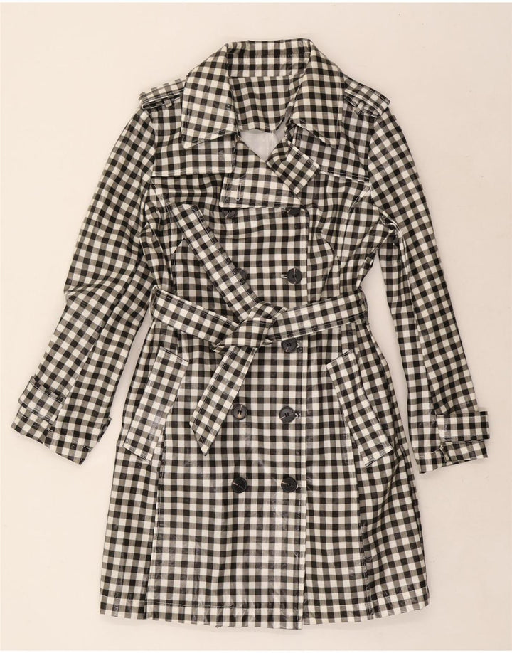 Vintage damski trencz UK 12, średni czarny materiał w kratkę