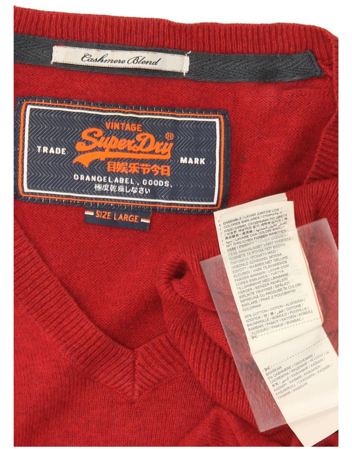 SUPERDRY Męski sweter z dekoltem w kształcie litery V, duży, czerwony, bawełniany