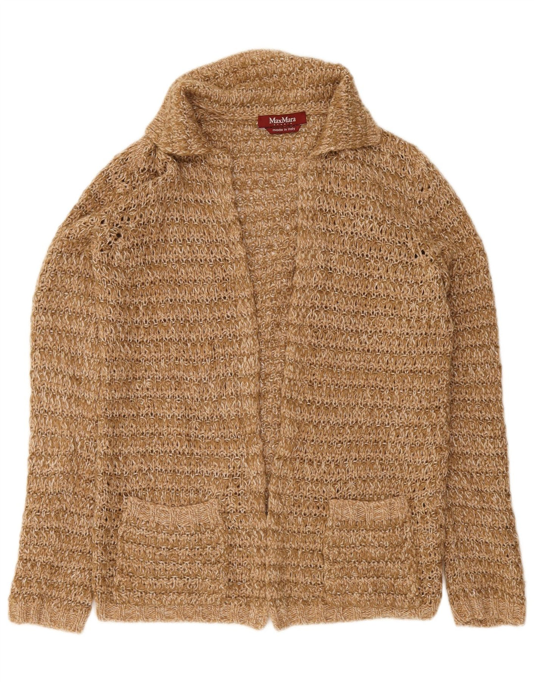 Sweter damski Max Mara z otwartym kardiganem UK 14 Średni brązowy wełniany
