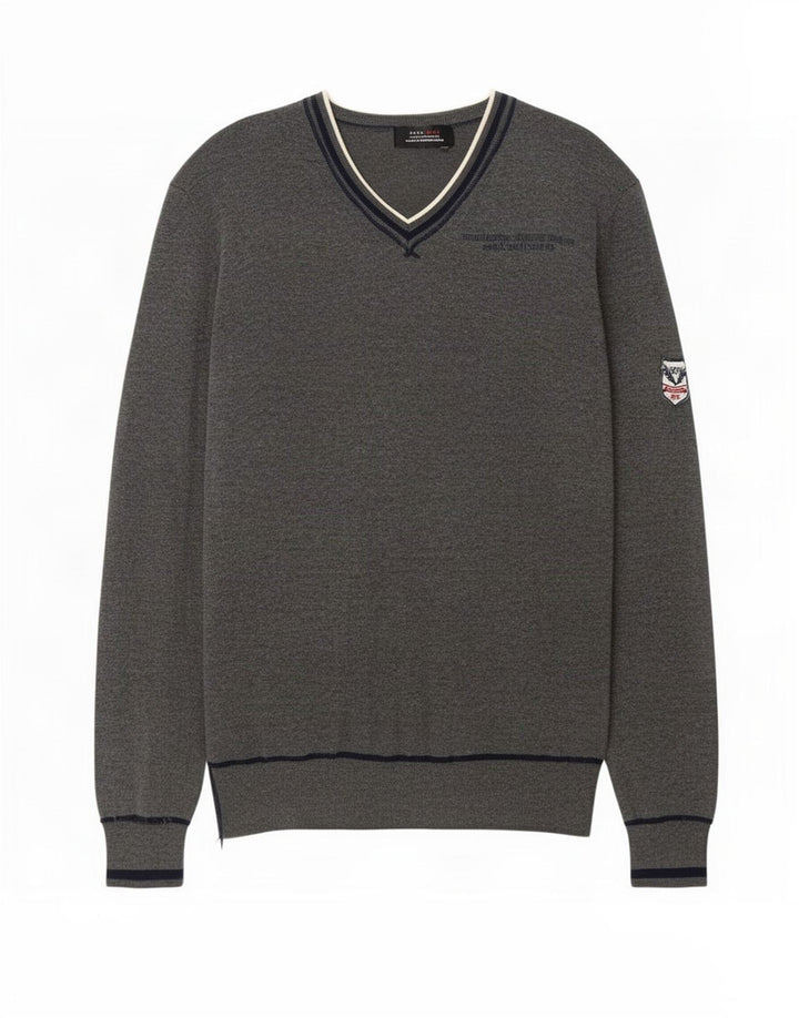 Męski sweter Zara z graficznym dekoltem w kształcie litery V, średnio szary