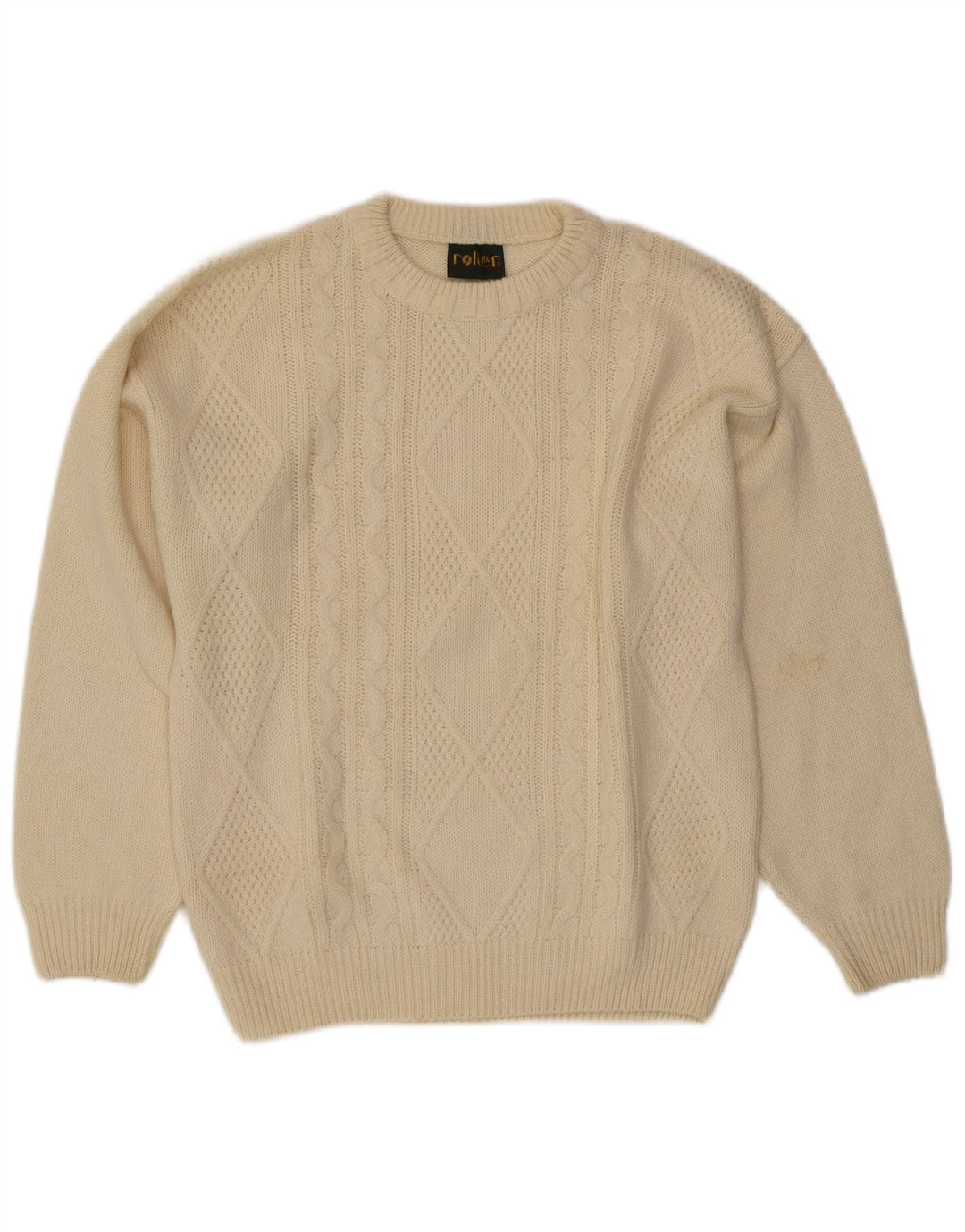 Vintage męski sweter z wycięciem pod szyją, duży, złamanej bieli Argyle/diamentowa wełna