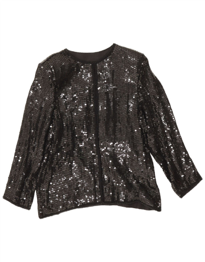 Damska cekinowa bluzka koszulowa w stylu vintage UK 14 Średni czarny jedwab