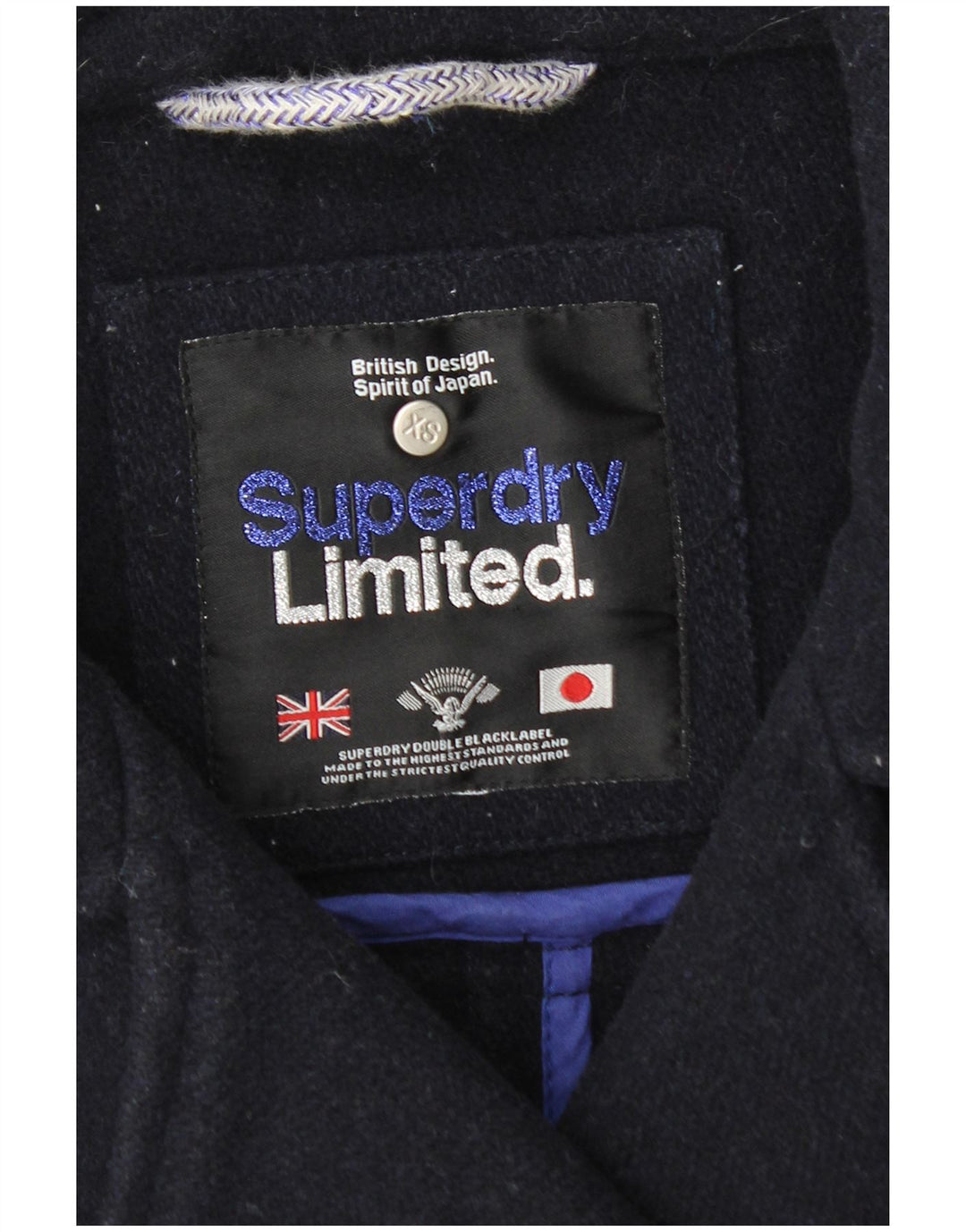 Damski płaszcz dwurzędowy Superdry UK 6 XS, granatowo-wełniany