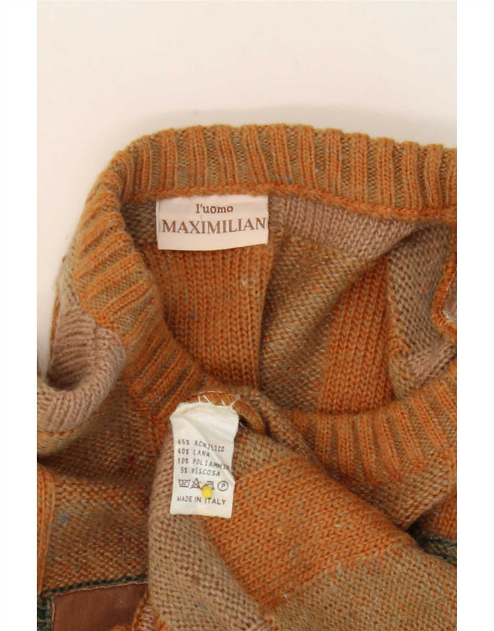 Męski sweter Maximilian z okrągłym dekoltem, średni brąz w kratkę, akryl
