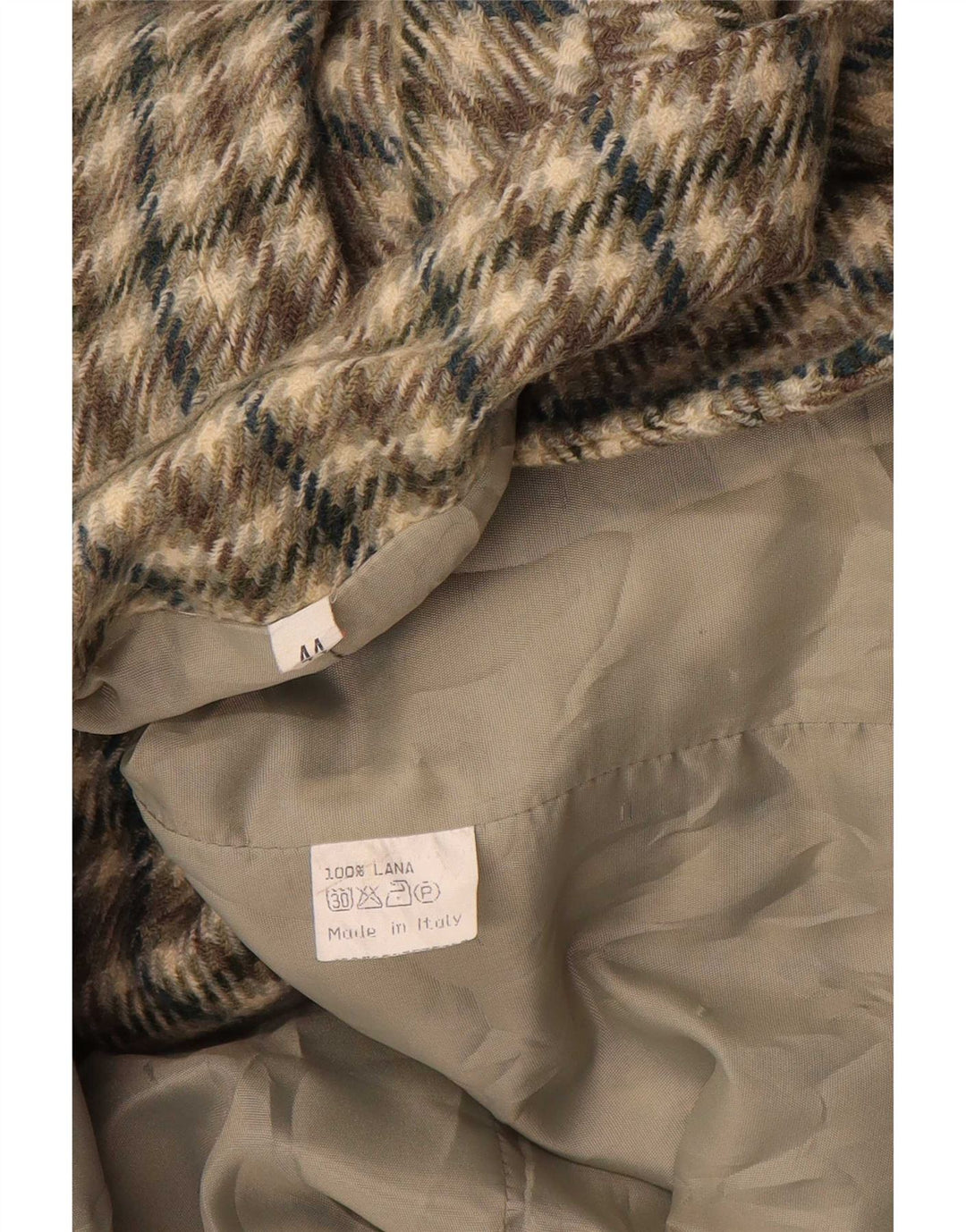 Vintage damska marynarka zapinana na 2 guziki IT 44, średnia khaki, wełna w kratkę
