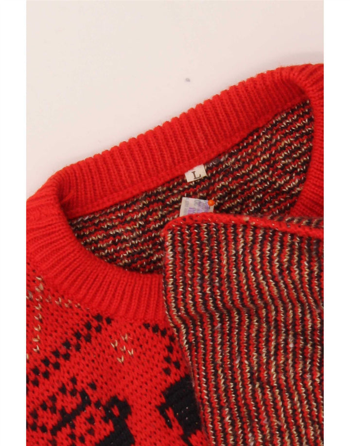 Vintage męski sweter z okrągłym dekoltem, duży, czerwony, wełniany Fair Isle