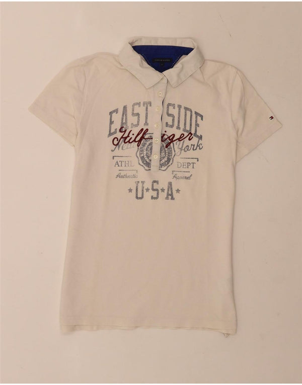 Damska koszulka polo Tommy Hilfiger USA Graphic UK 14, duża, biała bawełna