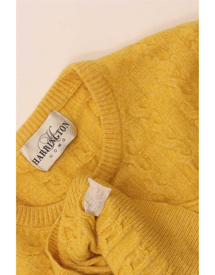 Vintage męski sweter z wycięciem pod szyją, mały, żółty, z dziewiczej wełny