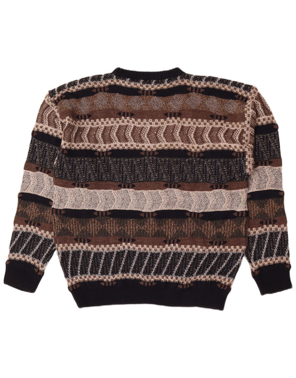 Vintage męski sweter z okrągłym dekoltem 2XL, akryl w brązowe paski