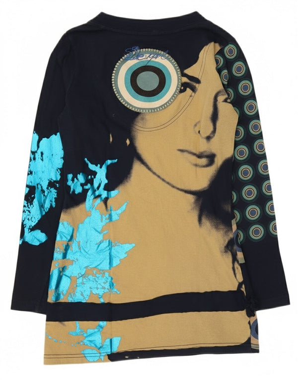 Desigual damski top graficzny z długim rękawem UK 10, mały, granatowy